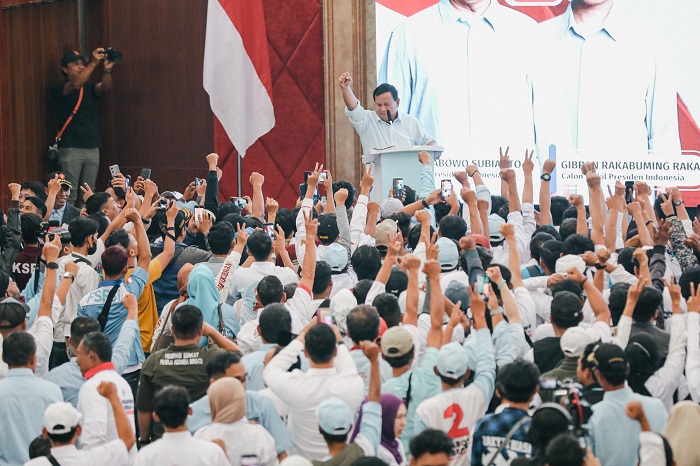 Calon Presiden Prabowo Subianto saat menghadiri konsolidasi dan deklarasi dari Konfederasi Serikat Pekerja Nusantara (KSPN) yang digelar di Bandung, Minggu, 14 Januari 2024. (Dok. TKN Prabowo Gibran)